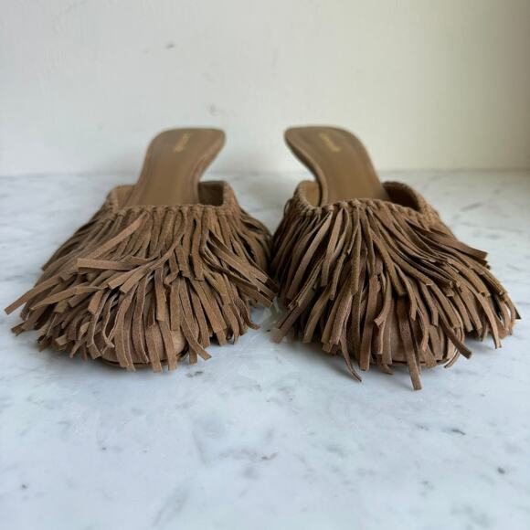 Larroudé Sienna Fringe Suede Mules Tan Kitten Heel Size 8 Handmade Brazil - Picture 8 of 12